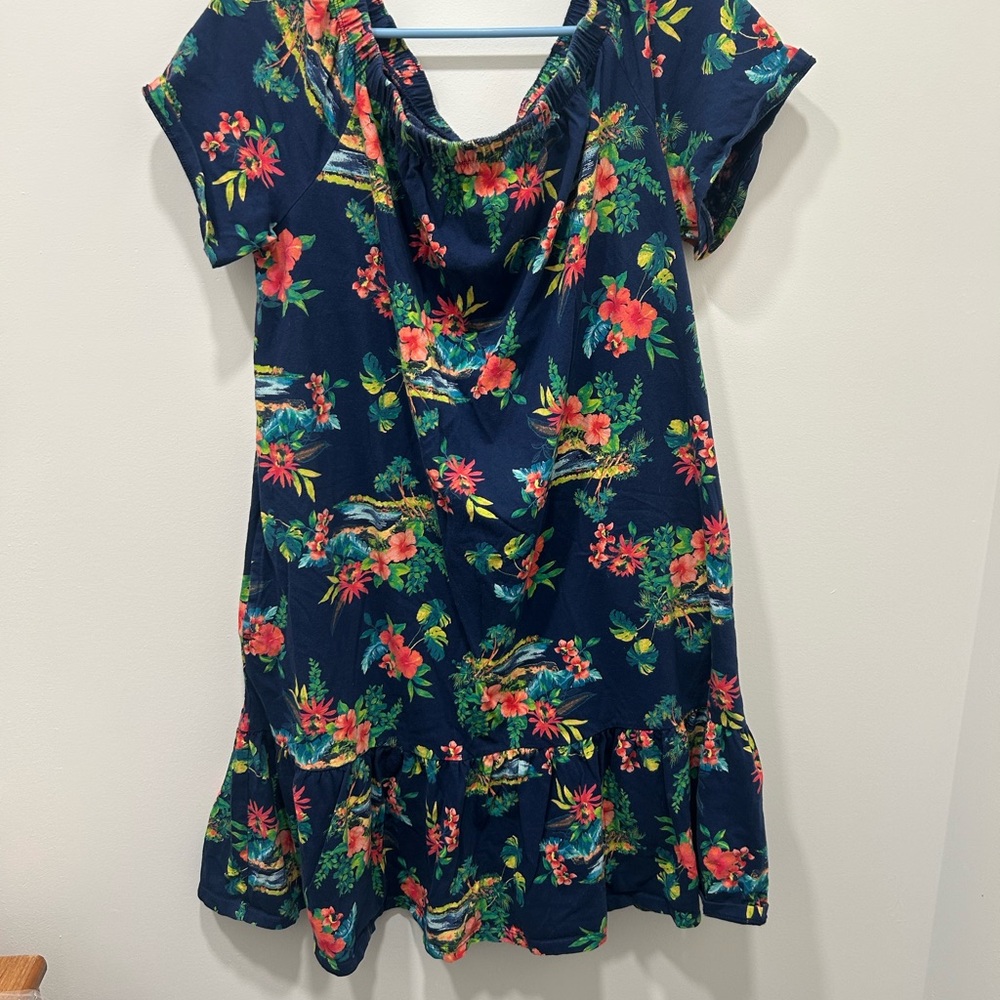 Land’s End Cover Up‎ Size L Navy Floral Island Beach Dress Off the Shoulder Swim